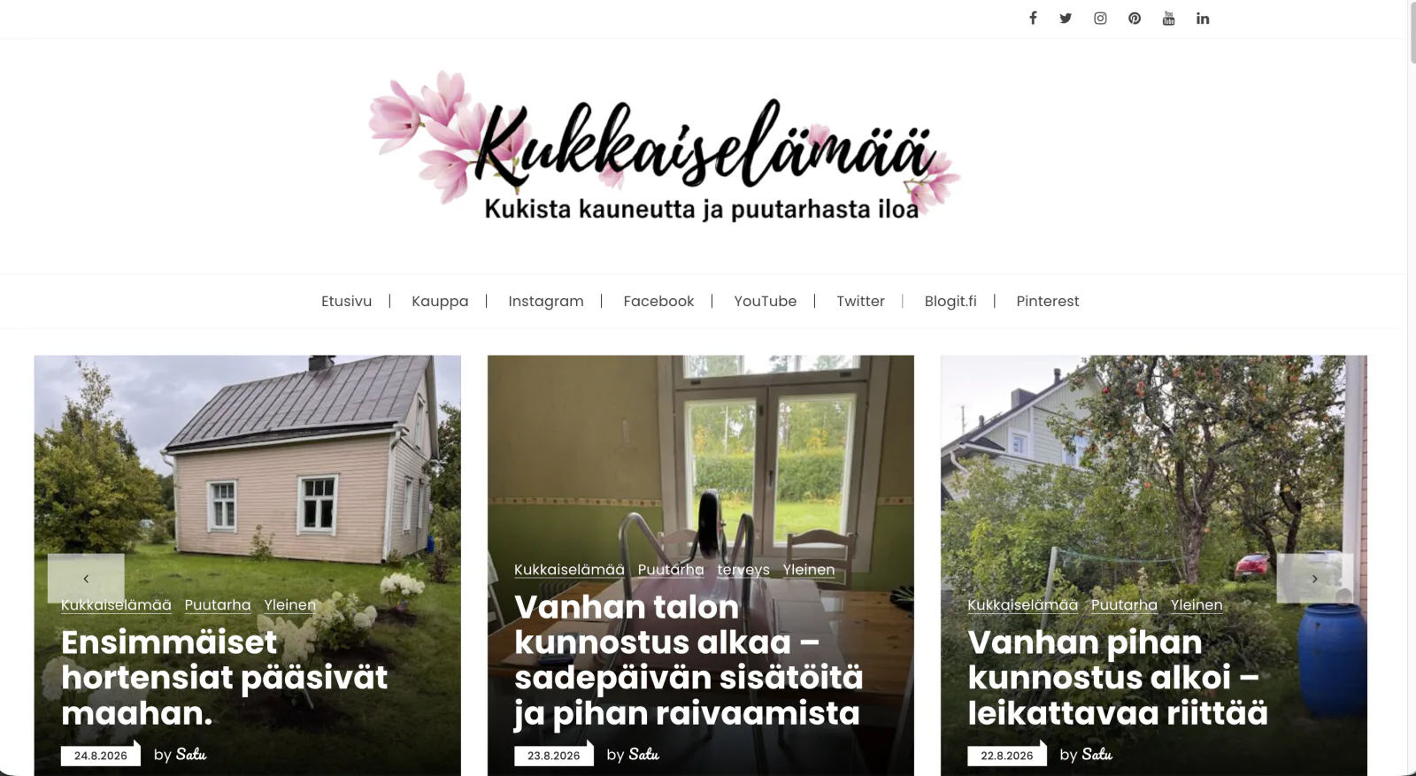 Kukkaiselämää WordPress -blogin etusivu