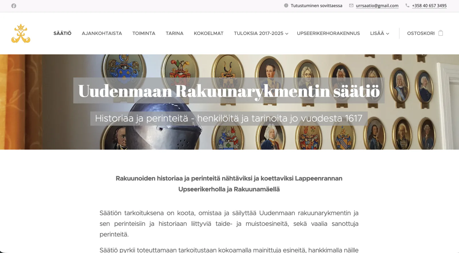 Uudenmaan Rakuunarykmentin Säätiön verkkosivuston etusivu