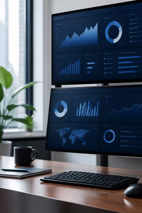 Liiketoiminnan dashboardit kahdella näytöllä